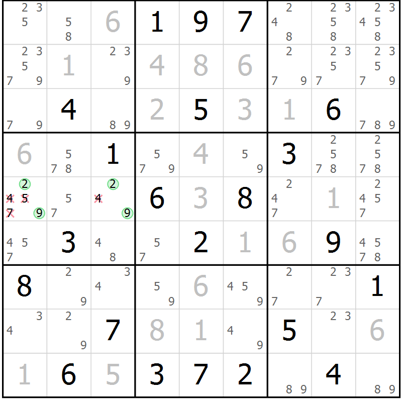 Position des candidats pour la solution de la Gr 29 page 32 du magazine de sudoku Maestro n° 087