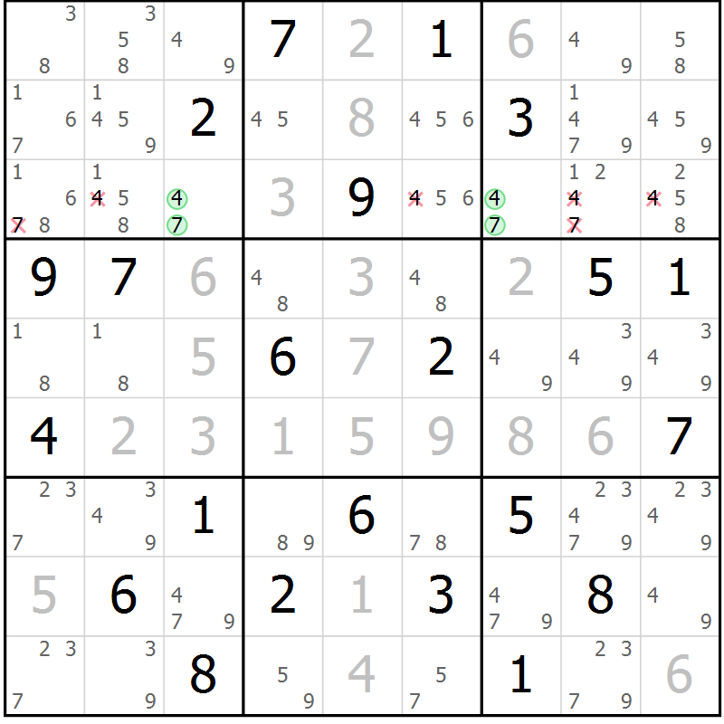 Position des candidats pour la solution de la Gr 3 page 6 du magazine de sudoku Maestro n° 087