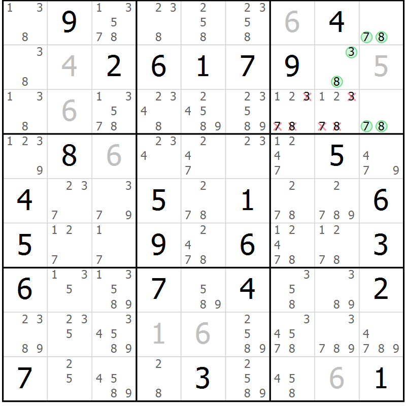 Position des candidats pour la solution de la Gr 30 page 33 du magazine de sudoku Maestro n° 087