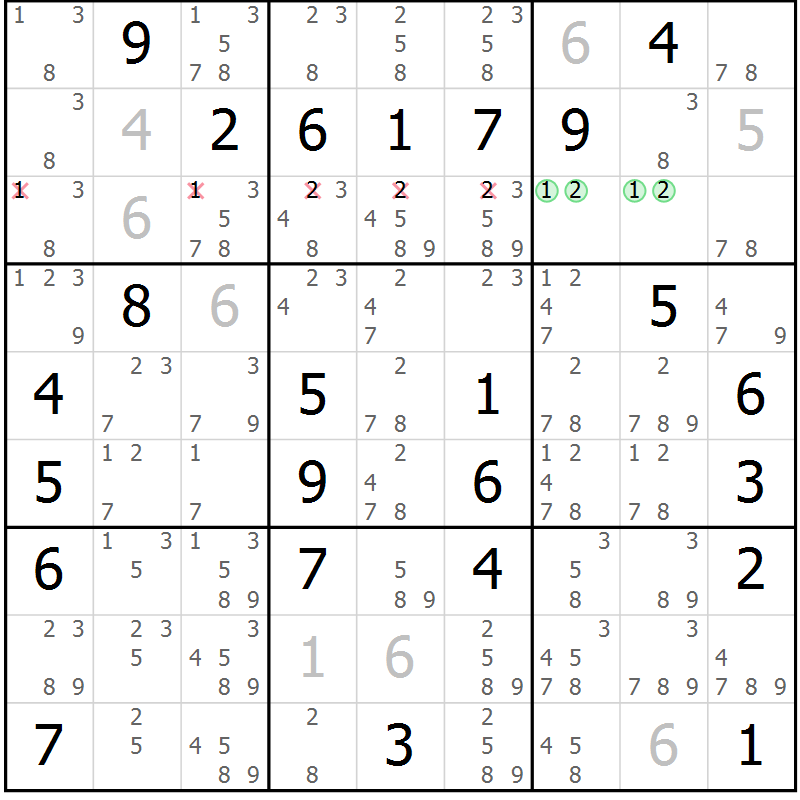 Position des candidats pour la solution de la Gr 30 page 33 du magazine de sudoku Maestro n° 087