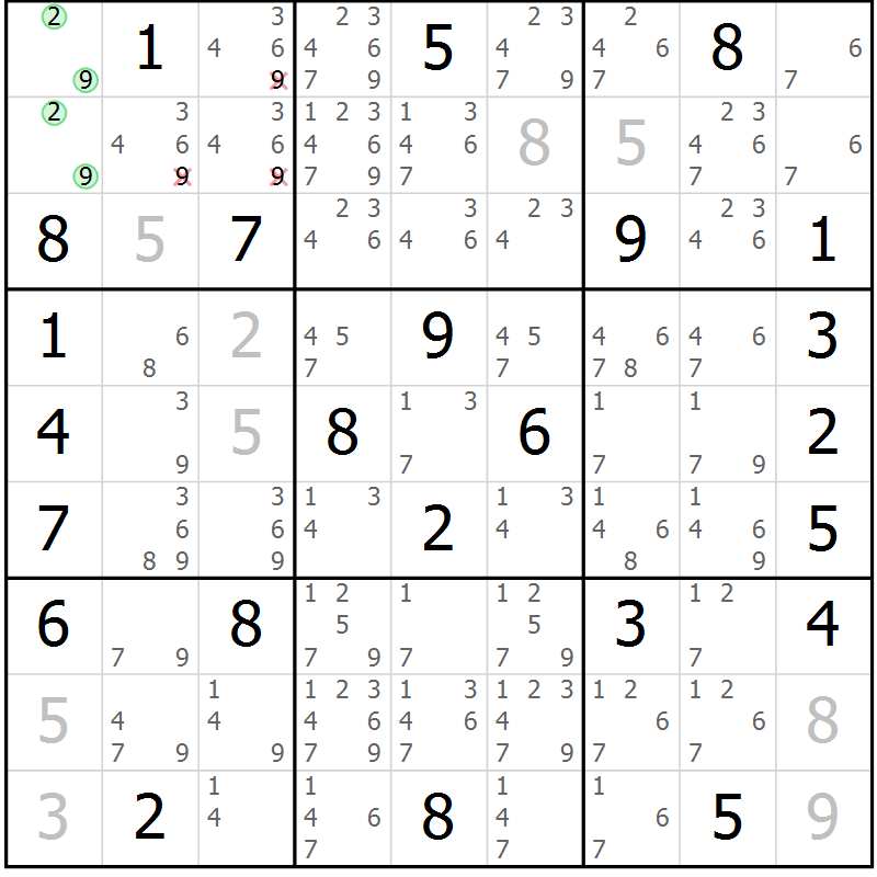 Position des candidats pour la solution de la Gr 32 page 35 du magazine de sudoku Maestro n° 087