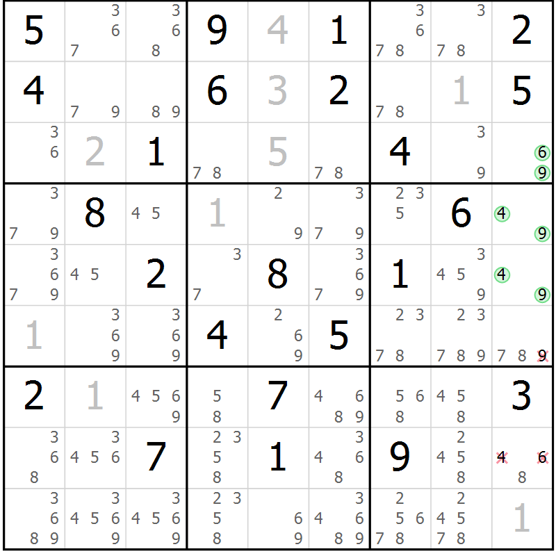 Position des candidats pour la solution de la Gr 33 page 36 du magazine de sudoku Maestro n° 087