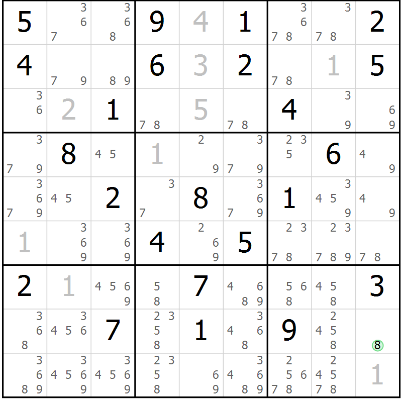 Position des candidats pour la solution de la Gr 33 page 36 du magazine de sudoku Maestro n° 087