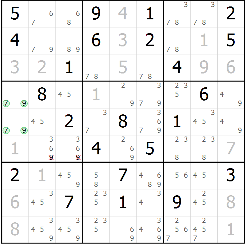 Position des candidats pour la solution de la Gr 33 page 36 du magazine de sudoku Maestro n° 087