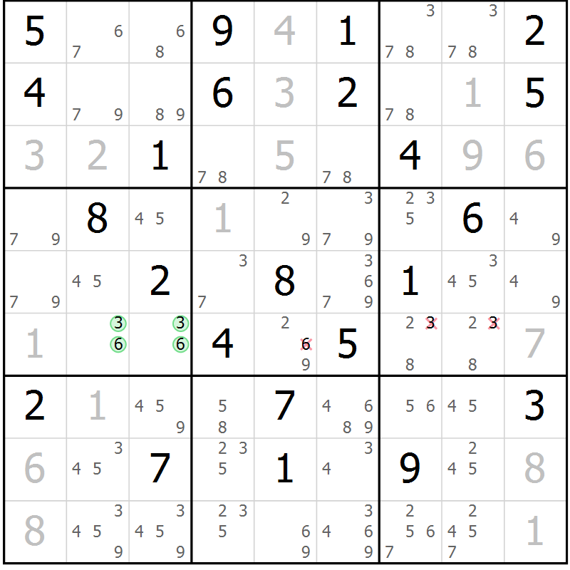 Position des candidats pour la solution de la Gr 33 page 36 du magazine de sudoku Maestro n° 087