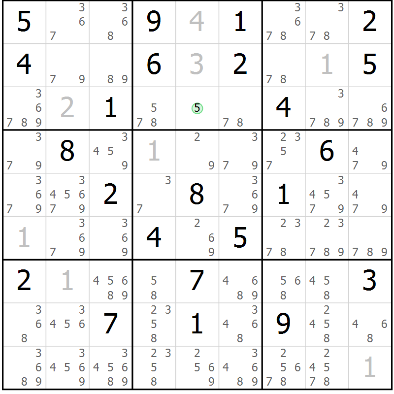 Position des candidats pour la solution de la Gr 33 page 36 du magazine de sudoku Maestro n° 087