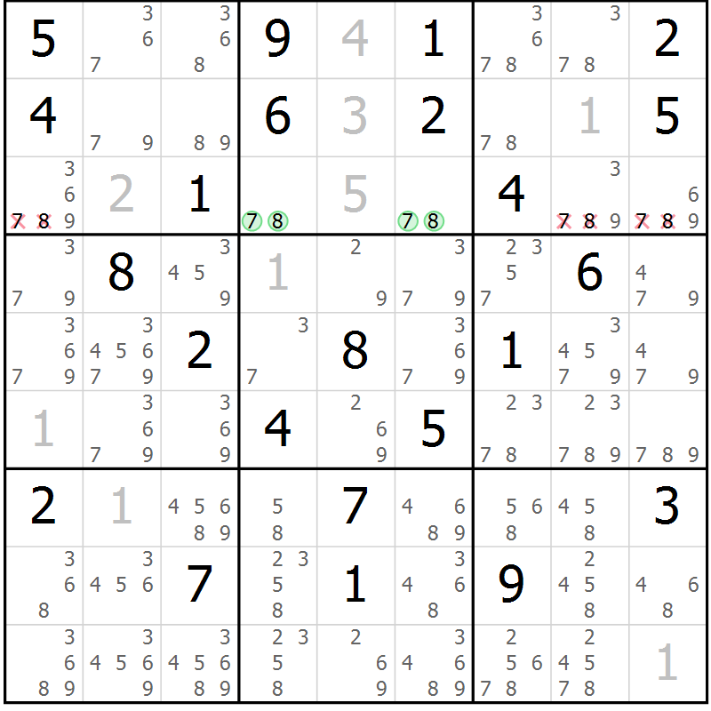 Position des candidats pour la solution de la Gr 33 page 36 du magazine de sudoku Maestro n° 087