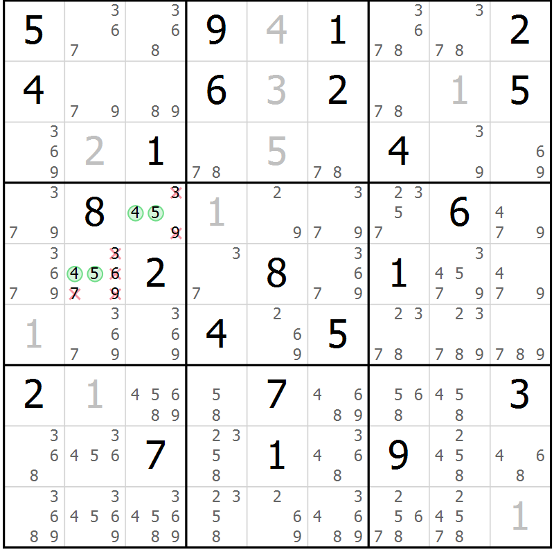 Position des candidats pour la solution de la Gr 33 page 36 du magazine de sudoku Maestro n° 087