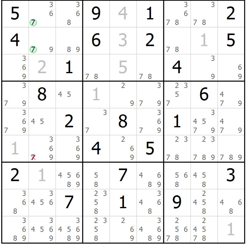 Position des candidats pour la solution de la Gr 33 page 36 du magazine de sudoku Maestro n° 087
