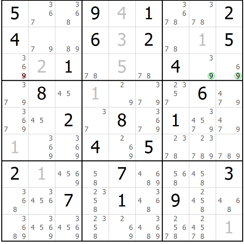 Position des candidats pour la solution de la Gr 33 page 36 du magazine de sudoku Maestro n° 087