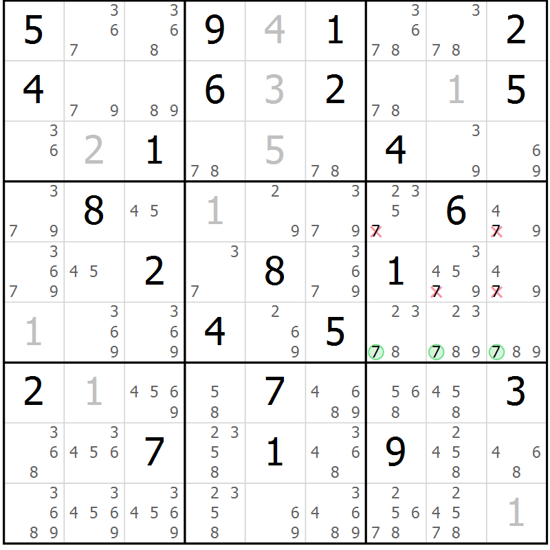 Position des candidats pour la solution de la Gr 33 page 36 du magazine de sudoku Maestro n° 087