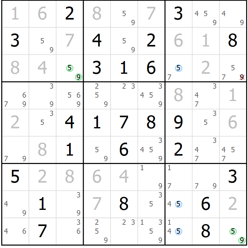 Position des candidats pour la solution de la Gr 34 page 37 du magazine de sudoku Maestro n° 087