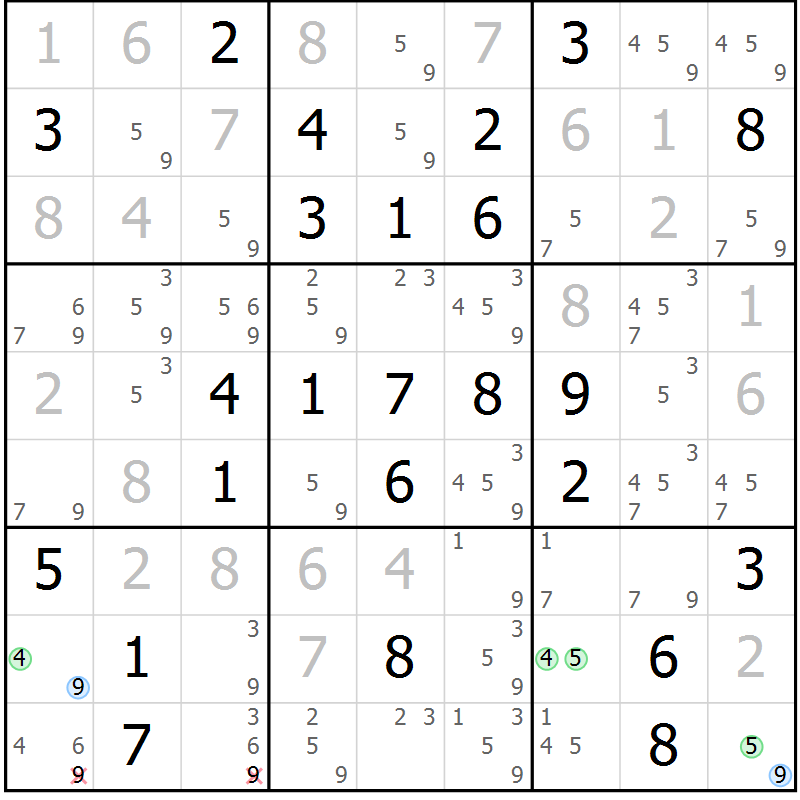 Position des candidats pour la solution de la Gr 34 page 37 du magazine de sudoku Maestro n° 087
