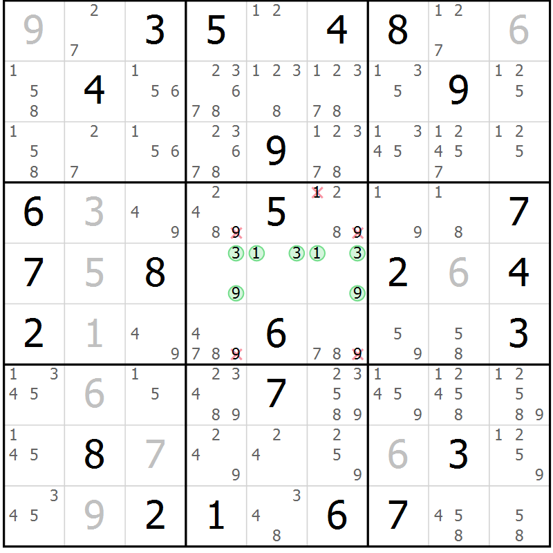 Position des candidats pour la solution de la Gr 35 page 38 du magazine de sudoku Maestro n° 087