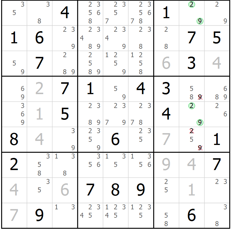 Position des candidats pour la solution de la Gr 36 page 39 du magazine de sudoku Maestro n° 087
