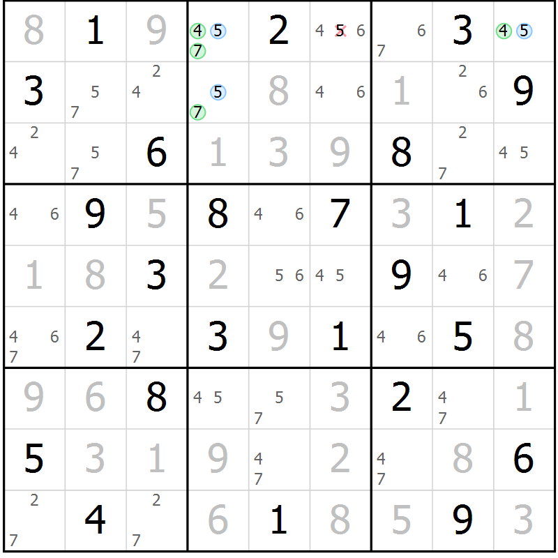 Position des candidats pour la solution de la Gr 37 page 40 du magazine de sudoku Maestro n° 087