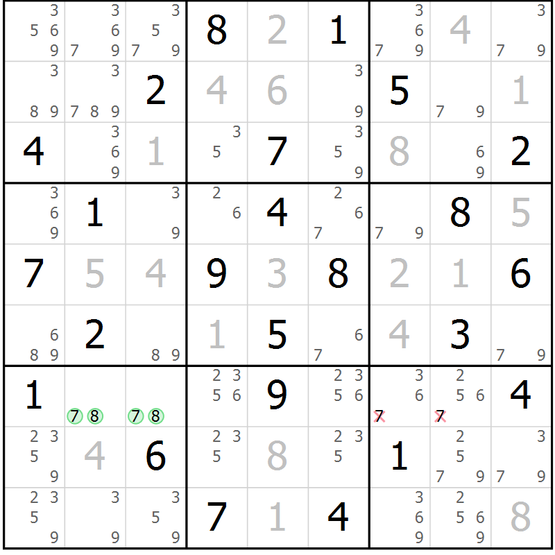 Position des candidats pour la solution de la Gr 39 page 42 du magazine de sudoku Maestro n° 087