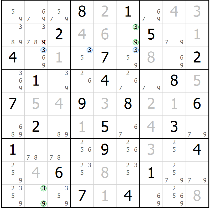 Position des candidats pour la solution de la Gr 39 page 42 du magazine de sudoku Maestro n° 087