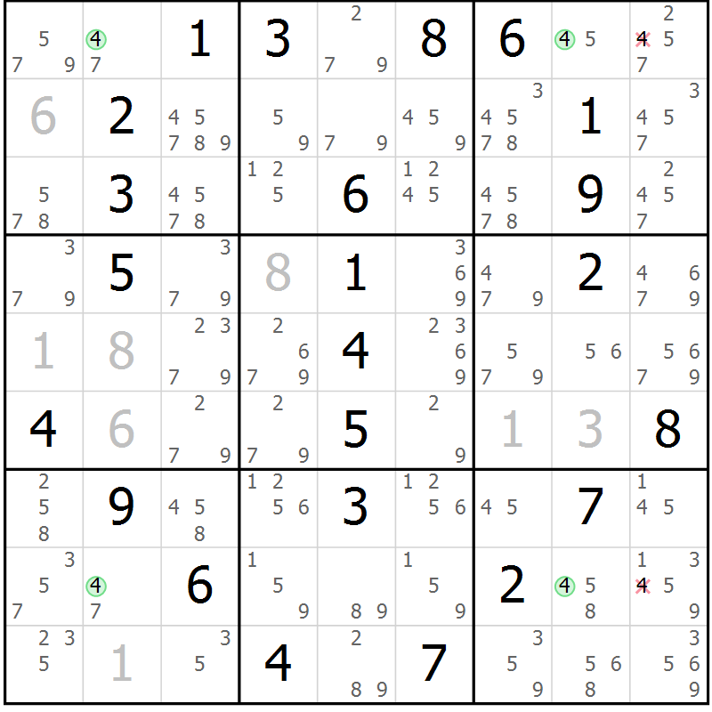 Position des candidats pour la solution de la Gr 4 page 7 du magazine de sudoku Maestro n° 087