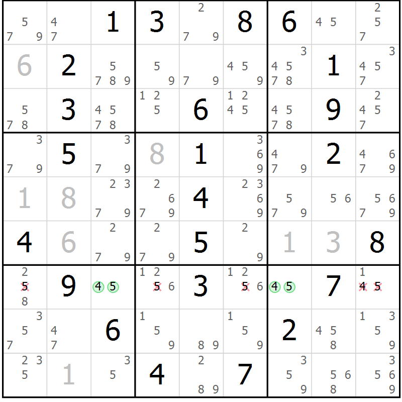 Position des candidats pour la solution de la Gr 4 page 7 du magazine de sudoku Maestro n° 087