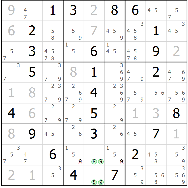 Position des candidats pour la solution de la Gr 4 page 7 du magazine de sudoku Maestro n° 087
