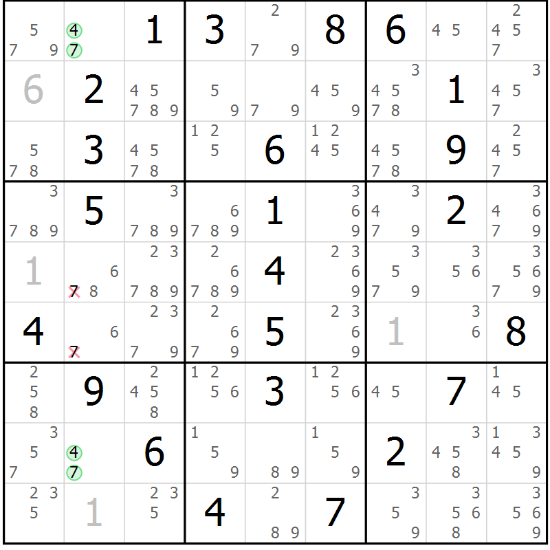 Position des candidats pour la solution de la Gr 4 page 7 du magazine de sudoku Maestro n° 087