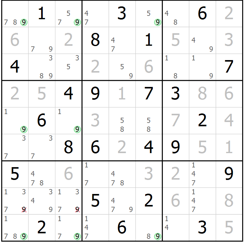 Position des candidats pour la solution de la Gr 40 page 43 du magazine de sudoku Maestro n° 087
