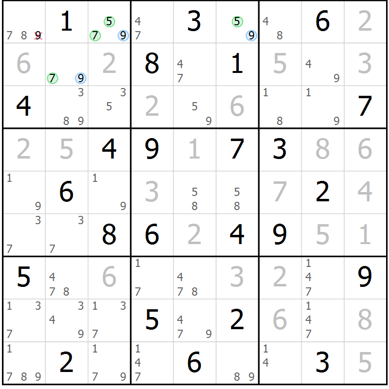 Position des candidats pour la solution de la Gr 40 page 43 du magazine de sudoku Maestro n° 087