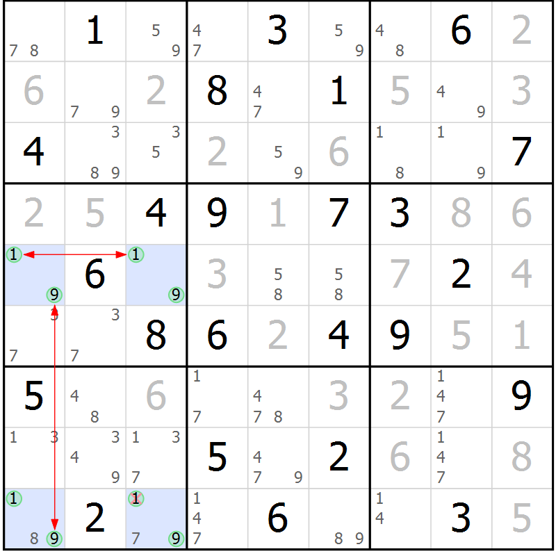 Position des candidats pour la solution de la Gr 40 page 43 du magazine de sudoku Maestro n° 087