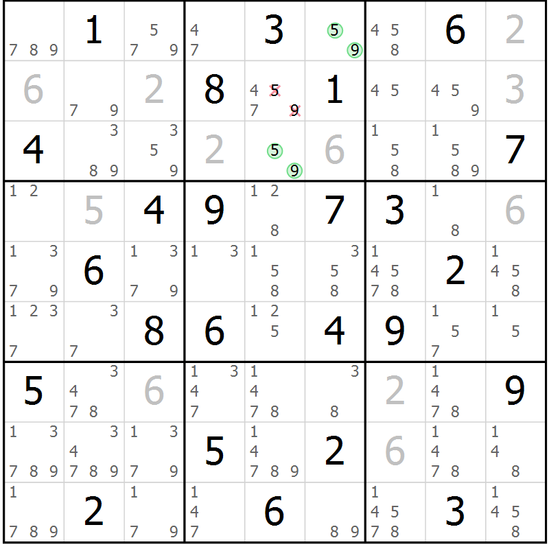 Position des candidats pour la solution de la Gr 40 page 43 du magazine de sudoku Maestro n° 087
