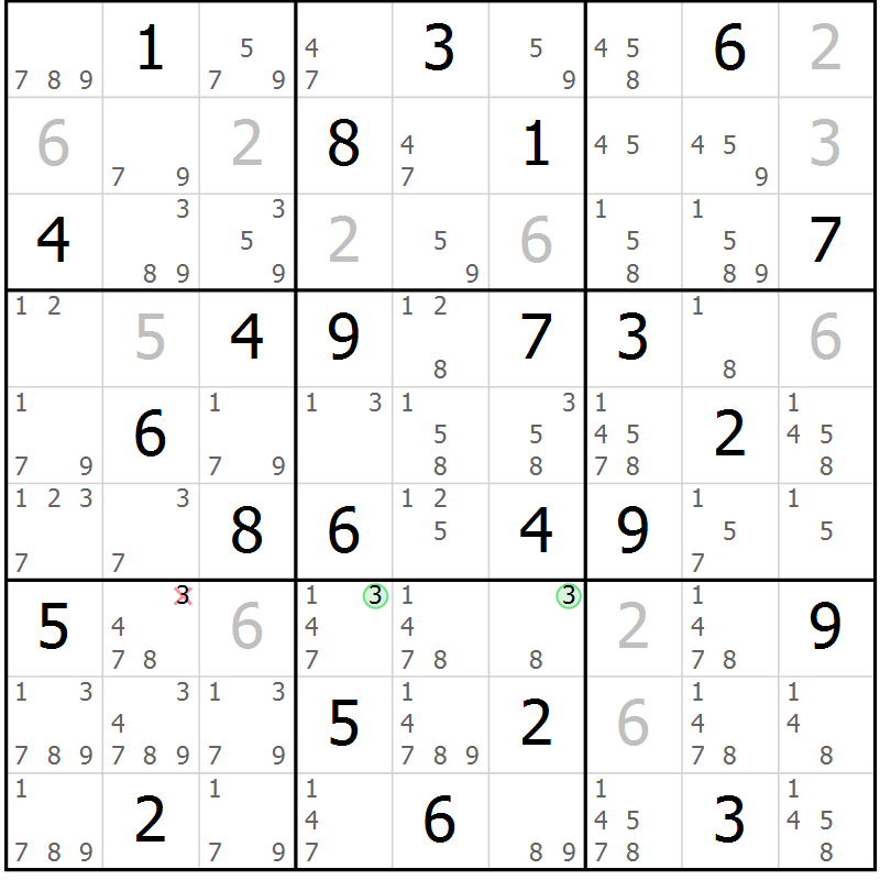 Position des candidats pour la solution de la Gr 40 page 43 du magazine de sudoku Maestro n° 087