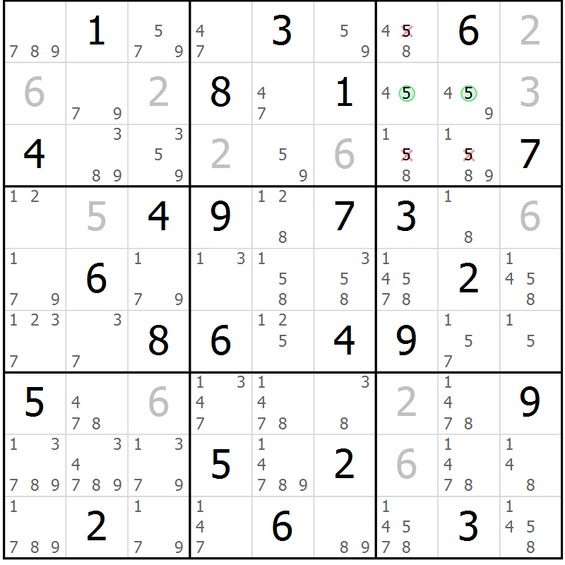 Position des candidats pour la solution de la Gr 40 page 43 du magazine de sudoku Maestro n° 087