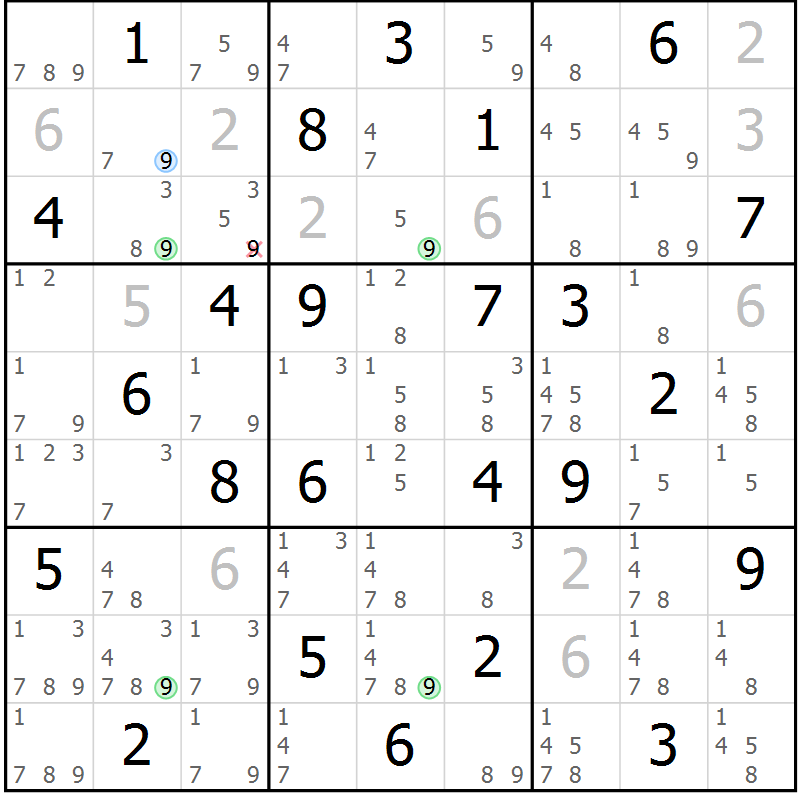 Position des candidats pour la solution de la Gr 40 page 43 du magazine de sudoku Maestro n° 087