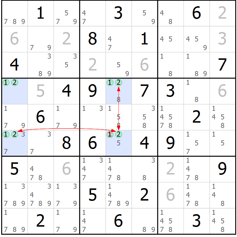 Position des candidats pour la solution de la Gr 40 page 43 du magazine de sudoku Maestro n° 087
