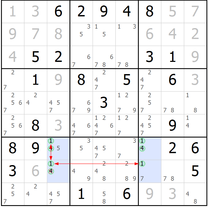 Position des candidats pour la solution de la Gr 41 page 44 du magazine de sudoku Maestro n° 087