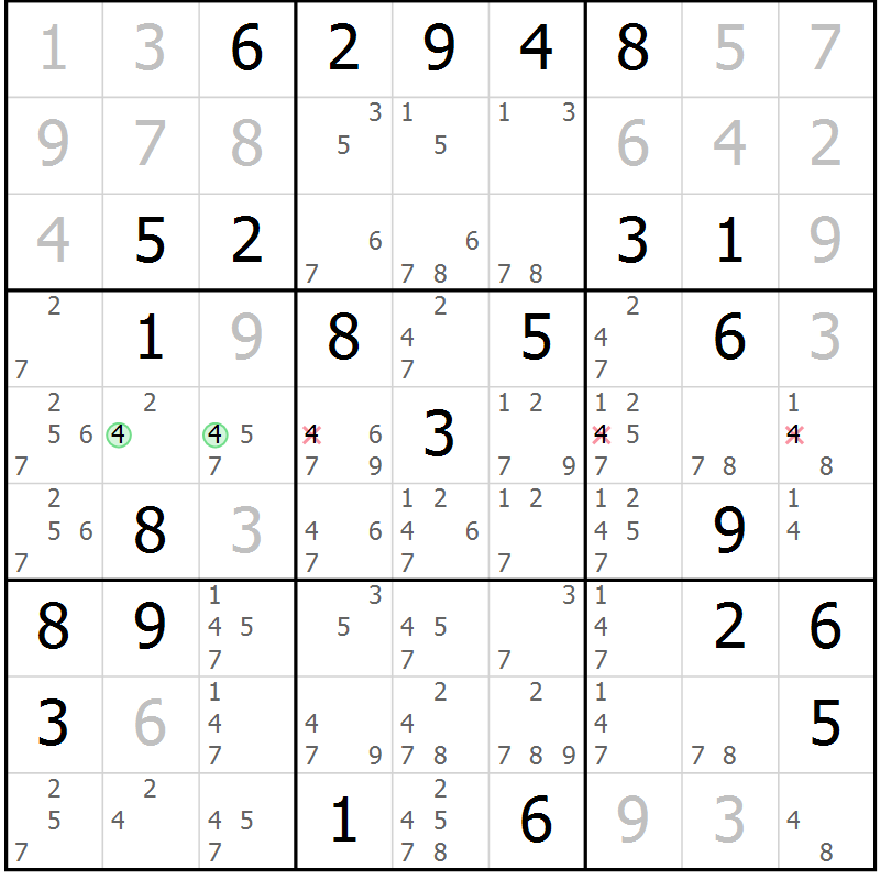Position des candidats pour la solution de la Gr 41 page 44 du magazine de sudoku Maestro n° 087