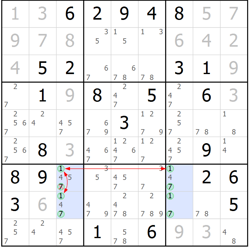 Position des candidats pour la solution de la Gr 41 page 44 du magazine de sudoku Maestro n° 087