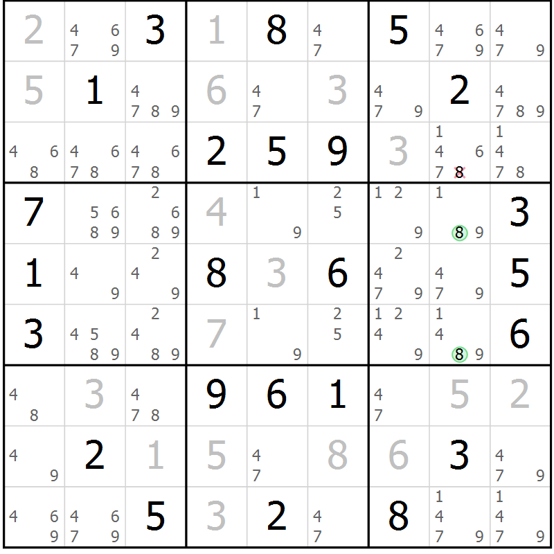 Position des candidats pour la solution de la Gr 42 page 45 du magazine de sudoku Maestro n° 087