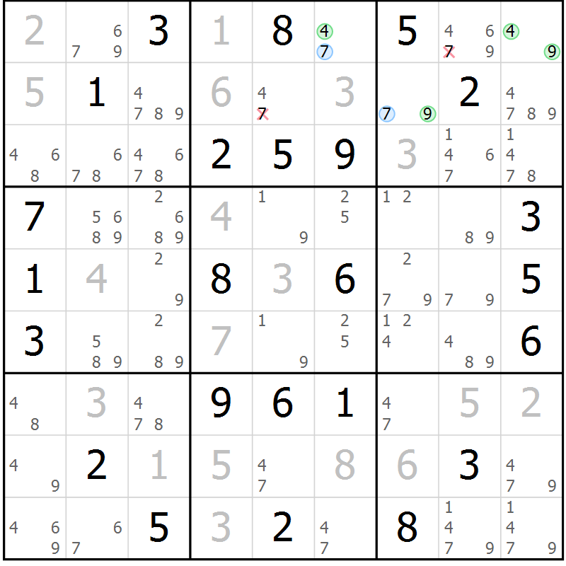 Position des candidats pour la solution de la Gr 42 page 45 du magazine de sudoku Maestro n° 087