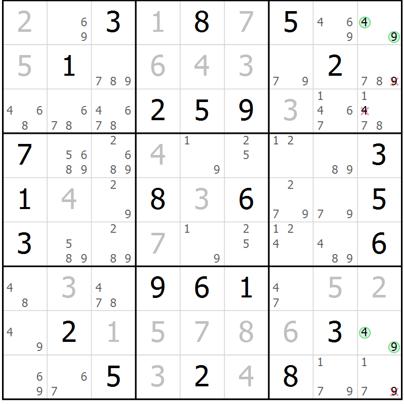 Position des candidats pour la solution de la Gr 42 page 45 du magazine de sudoku Maestro n° 087
