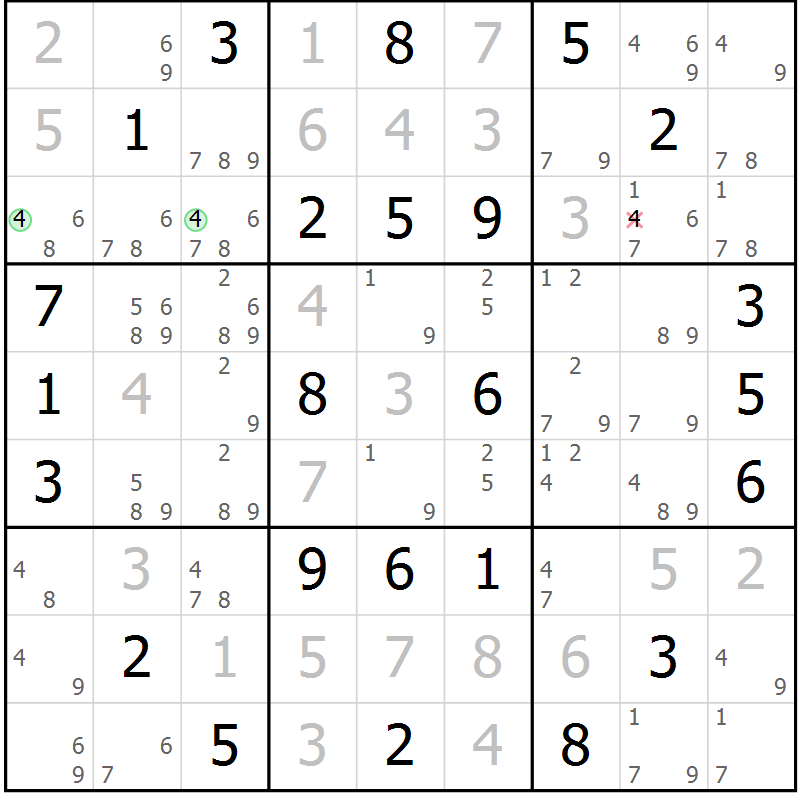 Position des candidats pour la solution de la Gr 42 page 45 du magazine de sudoku Maestro n° 087