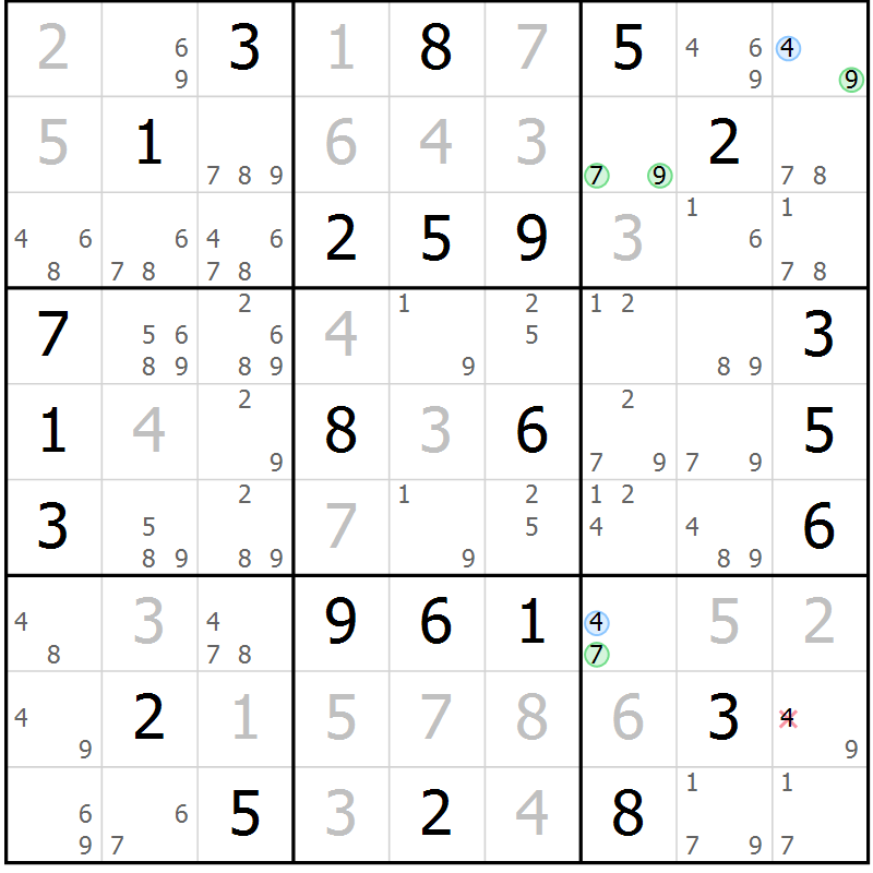 Position des candidats pour la solution de la Gr 42 page 45 du magazine de sudoku Maestro n° 087
