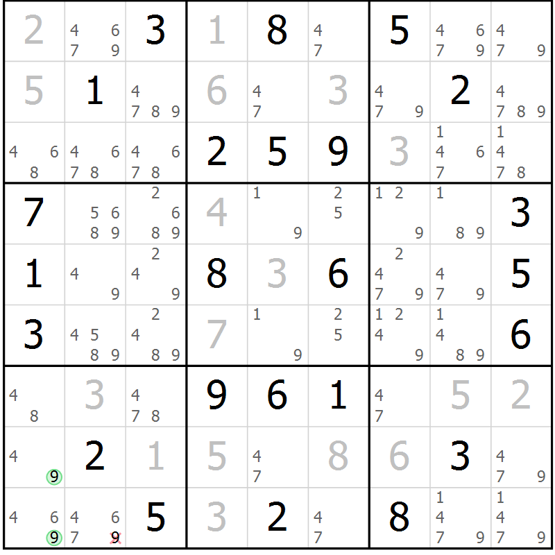 Position des candidats pour la solution de la Gr 42 page 45 du magazine de sudoku Maestro n° 087