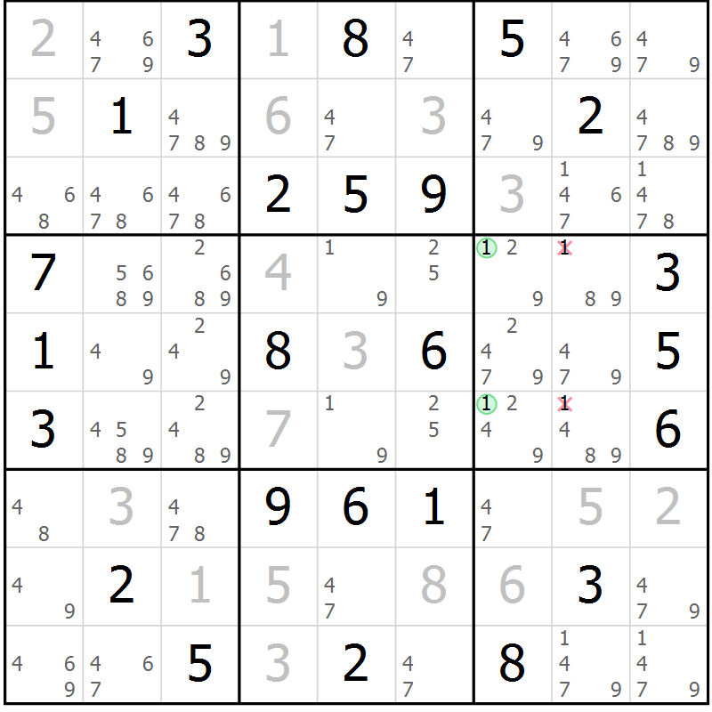 Position des candidats pour la solution de la Gr 42 page 45 du magazine de sudoku Maestro n° 087