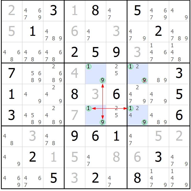 Position des candidats pour la solution de la Gr 42 page 45 du magazine de sudoku Maestro n° 087