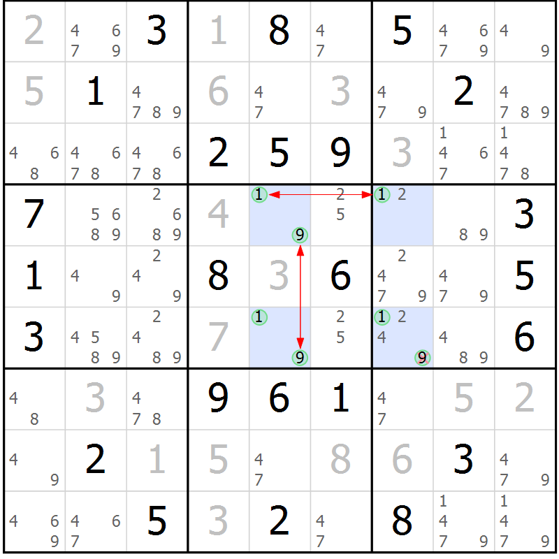 Position des candidats pour la solution de la Gr 42 page 45 du magazine de sudoku Maestro n° 087
