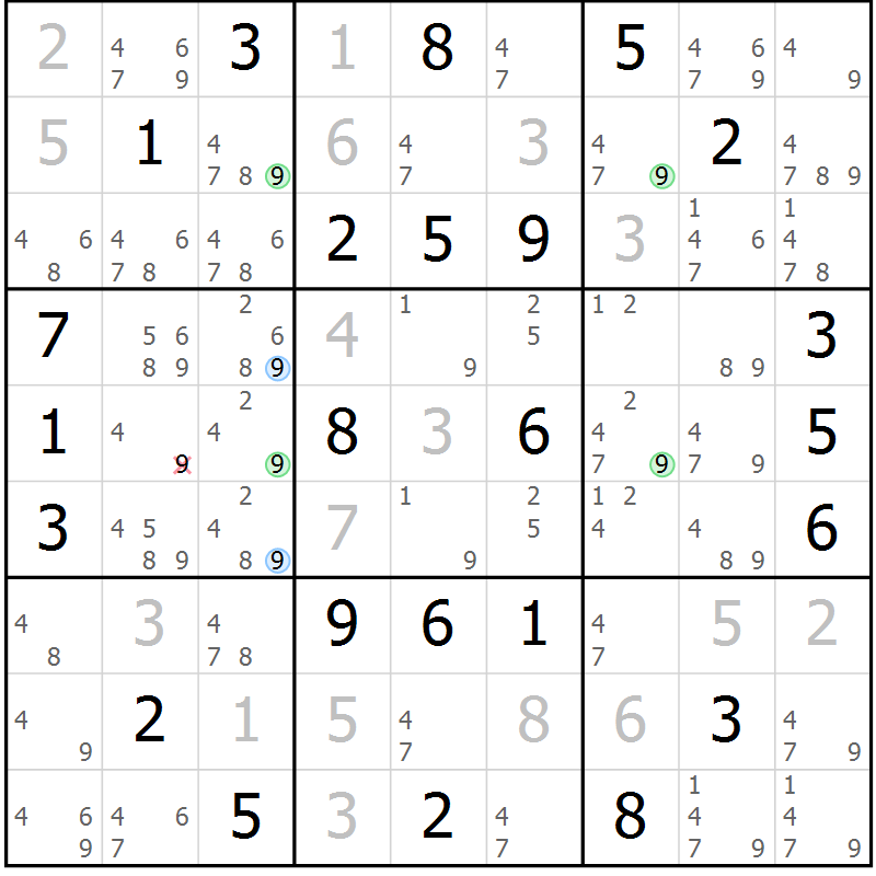 Position des candidats pour la solution de la Gr 42 page 45 du magazine de sudoku Maestro n° 087