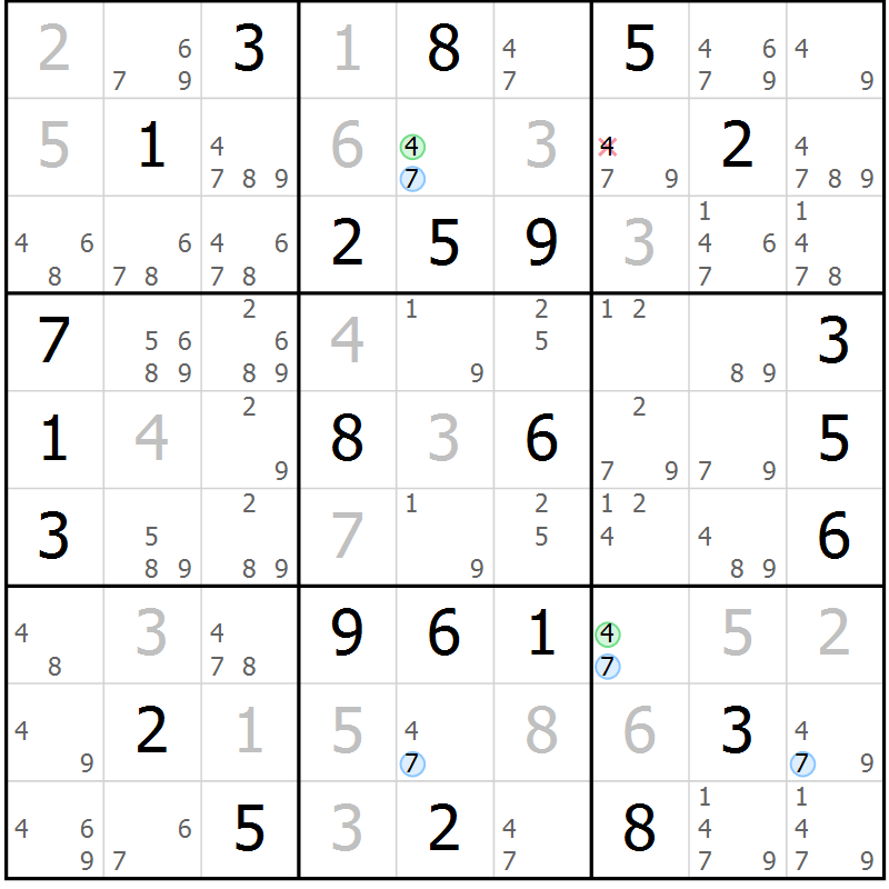 Position des candidats pour la solution de la Gr 42 page 45 du magazine de sudoku Maestro n° 087