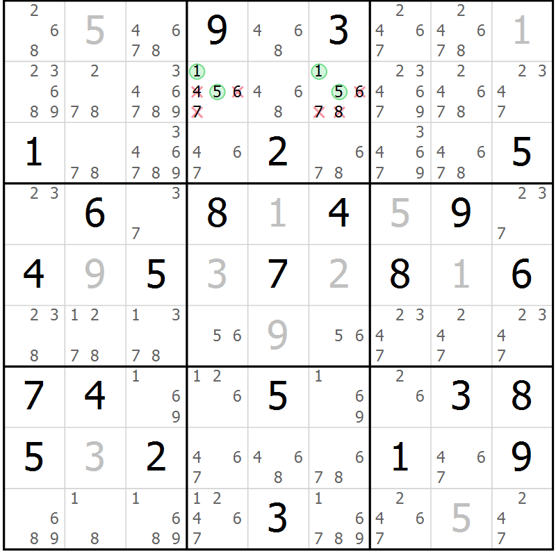 Position des candidats pour la solution de la Gr 43 page 46 du magazine de sudoku Maestro n° 087