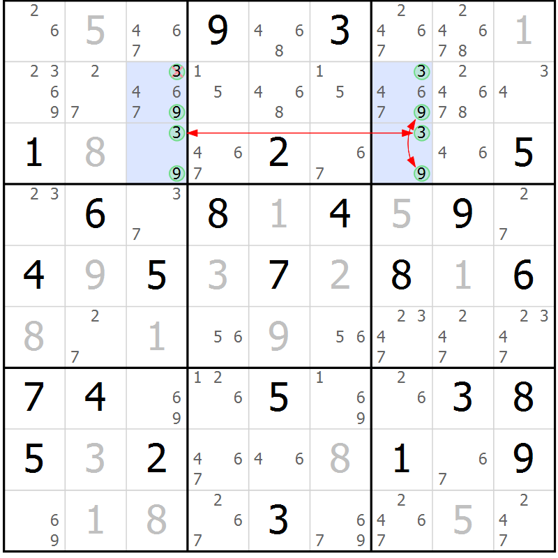 Position des candidats pour la solution de la Gr 43 page 46 du magazine de sudoku Maestro n° 087